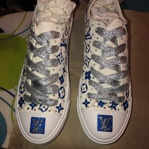Custom designed canvas blue, silver and white bling sneakers